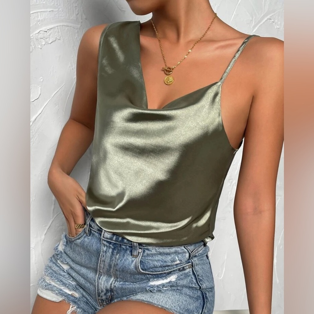Asymmetrical Neck Draped Satin Blouse
